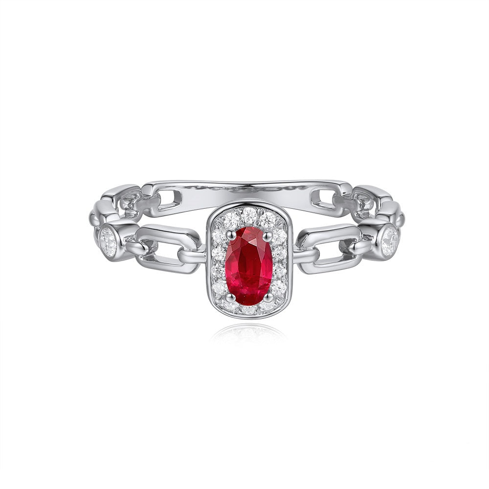 This Gem Stone Ring is available in 14K White Gold. There are a total of 17 stones. There are Rounds with a total carat weight of 0.13 set in a Prong Set setting.There are Ruby stones with a total carat weight of 0.3 set in a Prong Set.