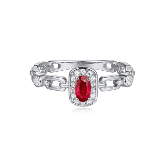 This Gem Stone Ring is available in 14K White Gold. There are a total of 17 stones. There are Rounds with a total carat weight of 0.13 set in a Prong Set setting.There are Ruby stones with a total carat weight of 0.3 set in a Prong Set.
