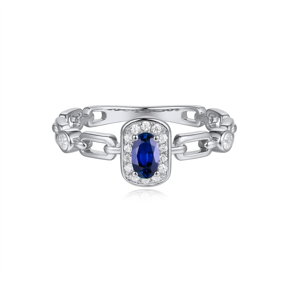 This Gem Stone Ring is available in 14K White Gold. There are a total of 17 stones. There are Rounds with a total carat weight of 0.13 set in a Micro Prong|Prong Set setting.There are Sapphire stones with a total carat weight of 0.29 set in a Micro Prong|Prong Set.