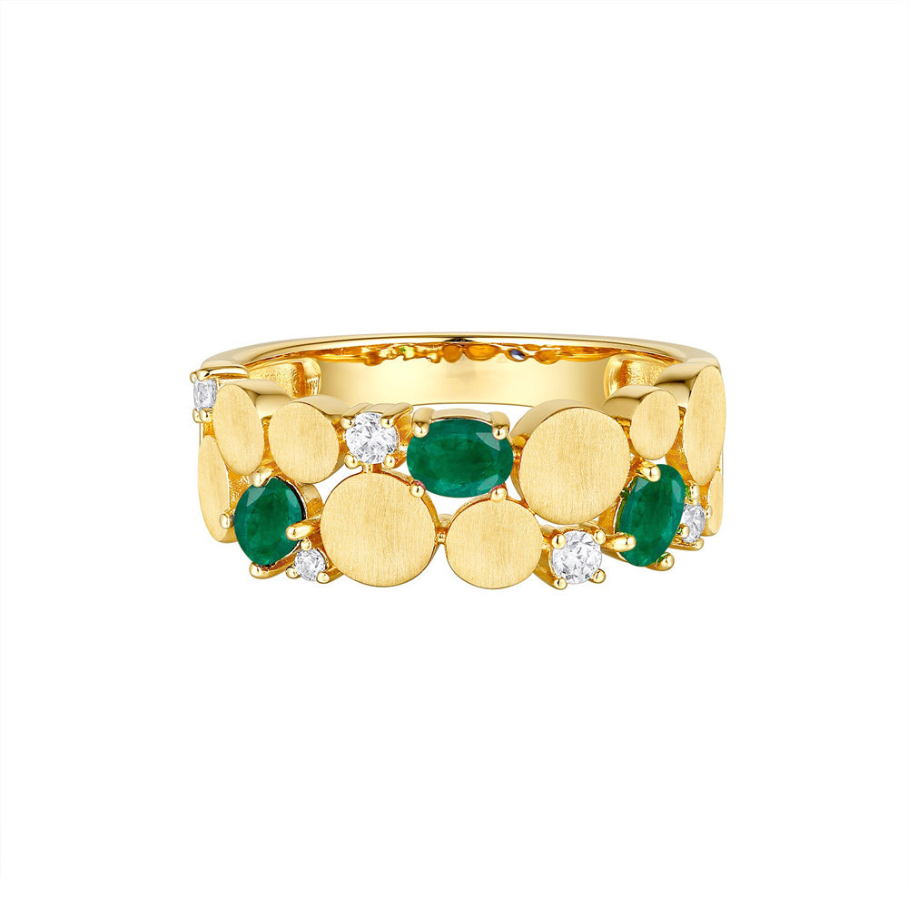 This Gem Stone Ring is available in 14K Yellow Gold. There are a total of 8 stones. There are Emerald with a total carat weight of 0.44 set in a  setting.There are Rounds stones with a total carat weight of 0.13 set in a .