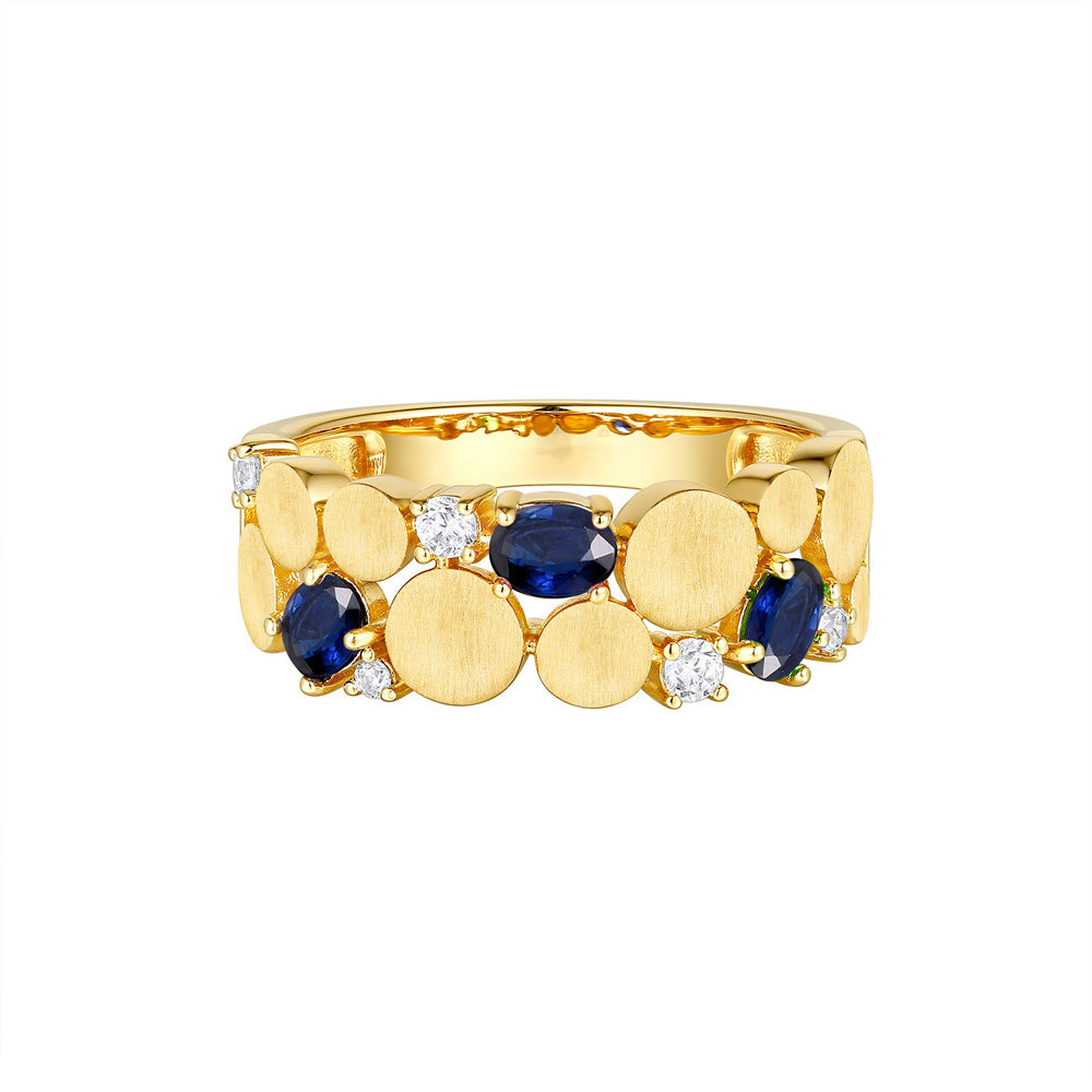 This Gem Stone Ring is available in 14K Yellow Gold. There are a total of 8 stones. There are Rounds with a total carat weight of 0.13 set in a Micro Prong setting.There are Sapphire stones with a total carat weight of 0.67 set in a Micro Prong.