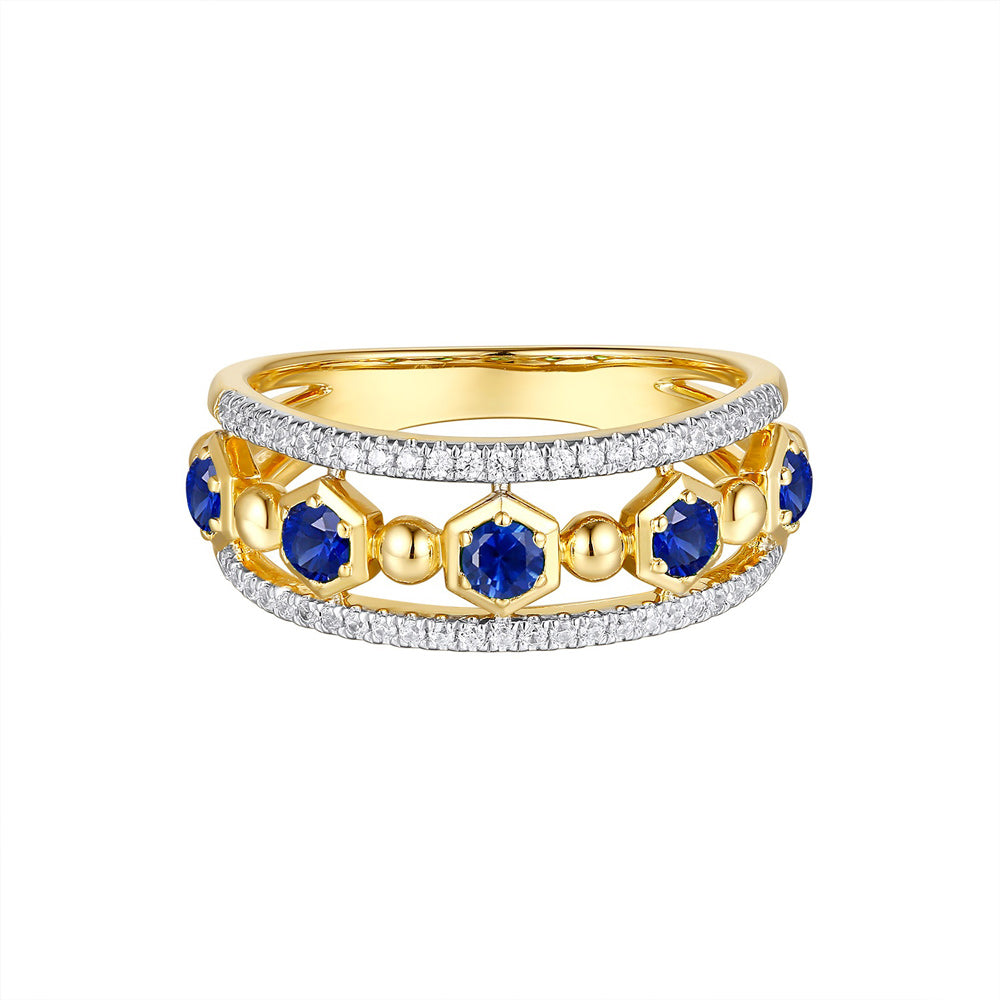 This Gem Stone Ring is available in 14K Yellow Gold. There are a total of 55 stones. There are Rounds with a total carat weight of 0.19 set in a Micro Prong|Prong Set setting.There are Sapphire stones with a total carat weight of 0.51 set in a Micro Prong|Prong Set.