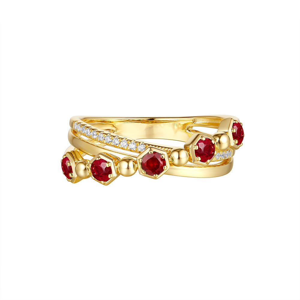 This Gem Stone Ring is available in 14K Yellow Gold. There are a total of 22 stones. There are Rounds with a total carat weight of 0.07 set in a Micro Prong|Prong Set setting.There are Ruby stones with a total carat weight of 0.49 set in a Micro Prong|Prong Set.