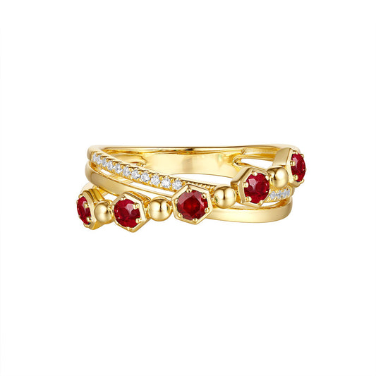 This Gem Stone Ring is available in 14K Yellow Gold. There are a total of 22 stones. There are Rounds with a total carat weight of 0.07 set in a Micro Prong|Prong Set setting.There are Ruby stones with a total carat weight of 0.49 set in a Micro Prong|Prong Set.
