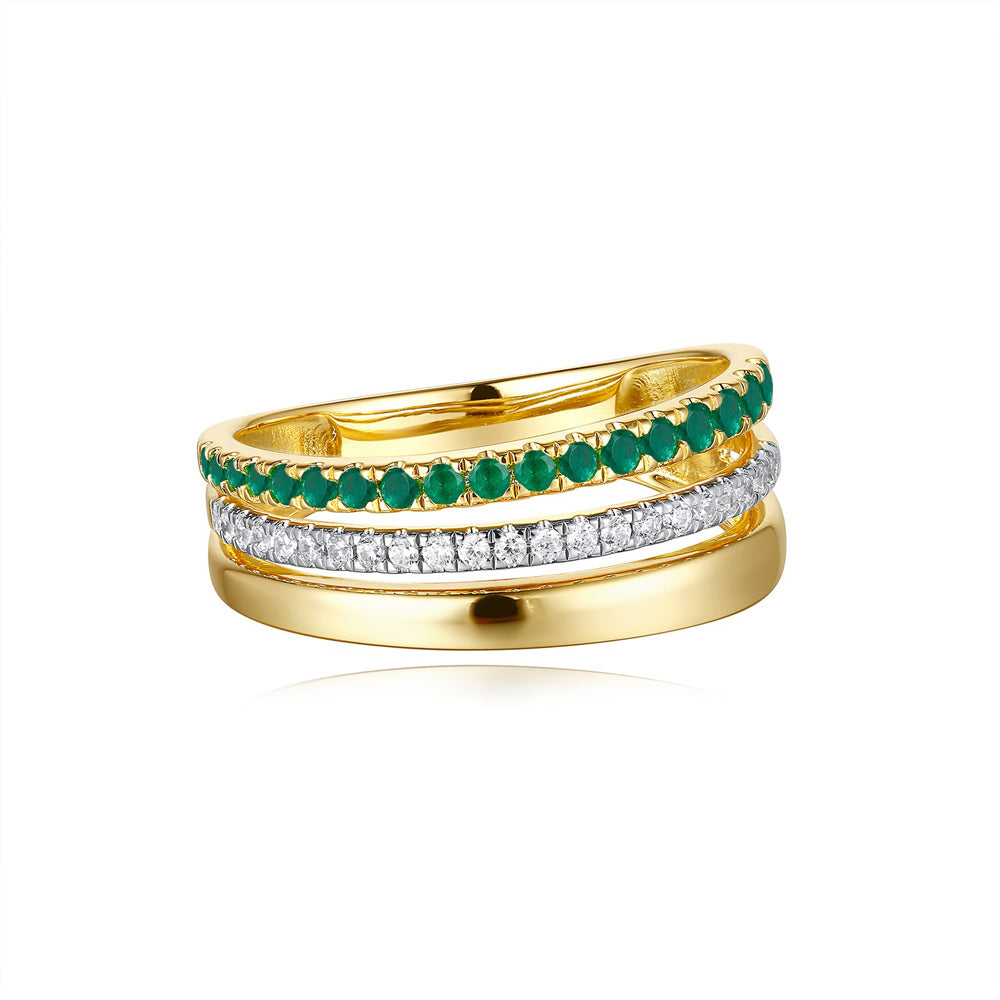 This Gem Stone Ring is available in 14K Yellow Gold. There are a total of 41 stones. There are Emerald with a total carat weight of 0.26 set in a Micro Prong|Prong Set setting.There are Rounds stones with a total carat weight of 0.15 set in a Micro Prong|Prong Set.