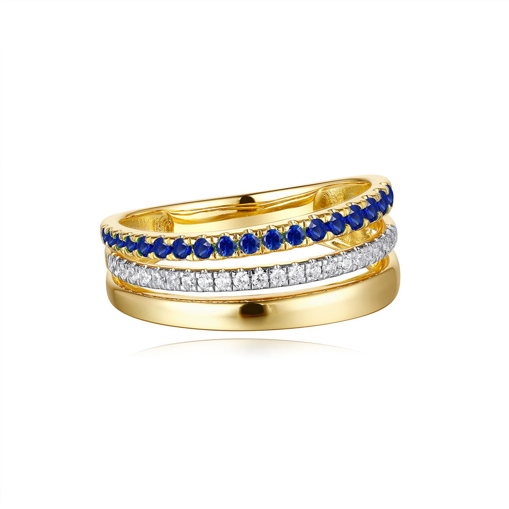 This Gem Stone Ring is available in 14K Yellow Gold. There are a total of 41 stones. There are Rounds with a total carat weight of 0.15 set in a Micro Prong|Prong Set setting.There are Sapphire stones with a total carat weight of 0.3 set in a Micro Prong|Prong Set.