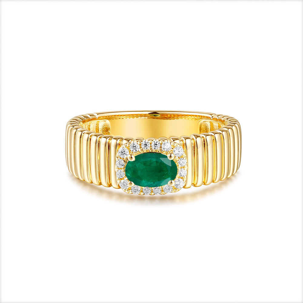 This Gem Stone Ring is available in 14K Yellow Gold. There are a total of 17 stones. There are Emerald with a total carat weight of 0.4 set in a Micro Prong|Prong Set|Micro Prong|Prong Set setting.There are Rounds stones with a total carat weight of 0.2 set in a Micro Prong|Prong Set|Micro Prong|Prong Set.