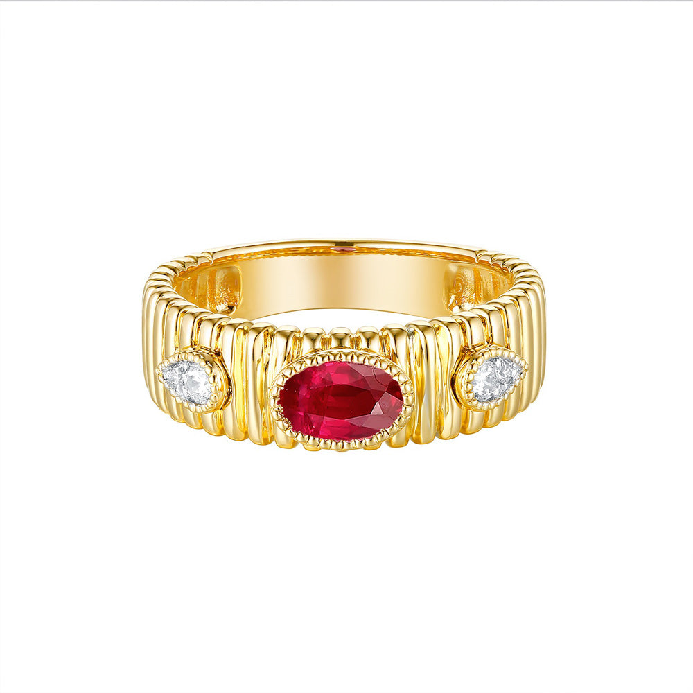 This Gem Stone Ring is available in 14K Yellow Gold. There are a total of 5 stones. There are Rounds with a total carat weight of 0.09 set in a Bezel Set|Micro Prong setting.There are Ruby stones with a total carat weight of 0.58 set in a Bezel Set|Micro Prong.