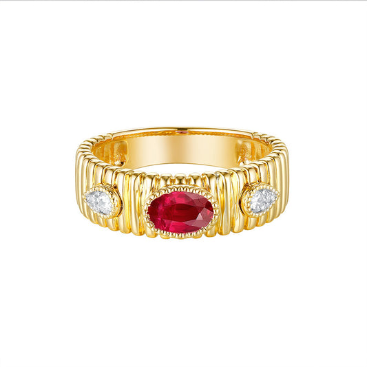 This Gem Stone Ring is available in 14K Yellow Gold. There are a total of 5 stones. There are Rounds with a total carat weight of 0.09 set in a Bezel Set|Micro Prong setting.There are Ruby stones with a total carat weight of 0.58 set in a Bezel Set|Micro Prong.