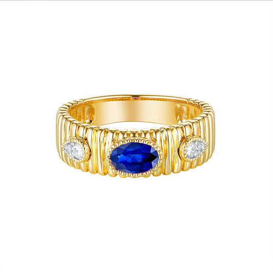 This Gem Stone Ring is available in 14K Yellow Gold. There are a total of 5 stones. There are Rounds with a total carat weight of 0.09 set in a Bezel Set|Micro Prong setting.There are Sapphire stones with a total carat weight of 0.55 set in a Bezel Set|Micro Prong.