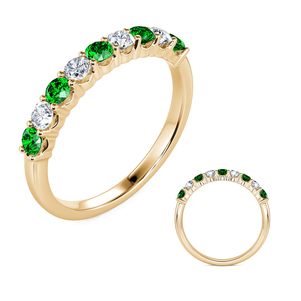 This Gem Stone Ring is available in 14K Yellow Gold. There are a total of 9 stones. There are Emerald with a total carat weight of 0.23 set in a Prong Set setting.There are Rounds stones with a total carat weight of 0.2 set in a Prong Set.