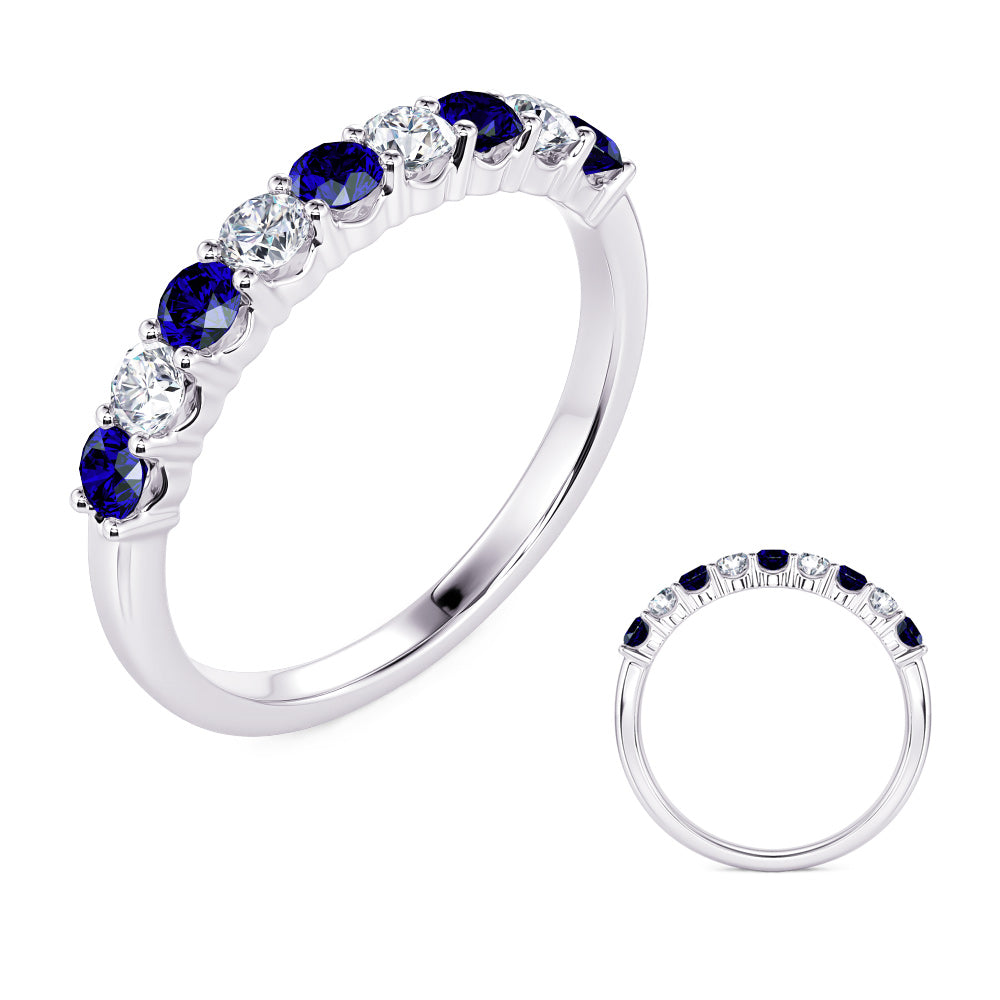 This Gem Stone Ring is available in 14K White Gold. There are a total of 9 stones. There are Rounds with a total carat weight of 0.2 set in a Prong Set setting.There are Sapphire stones with a total carat weight of 0.34 set in a Prong Set.
