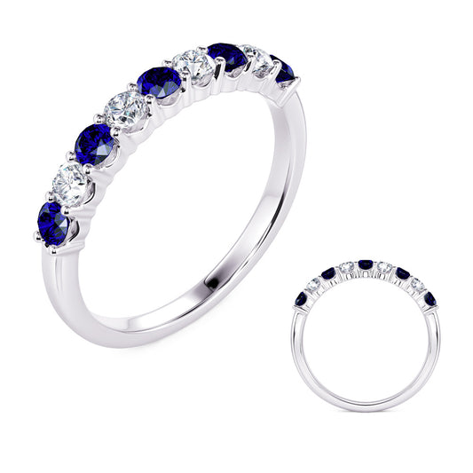 This Gem Stone Ring is available in 14K White Gold. There are a total of 9 stones. There are Rounds with a total carat weight of 0.2 set in a Prong Set setting.There are Sapphire stones with a total carat weight of 0.34 set in a Prong Set.