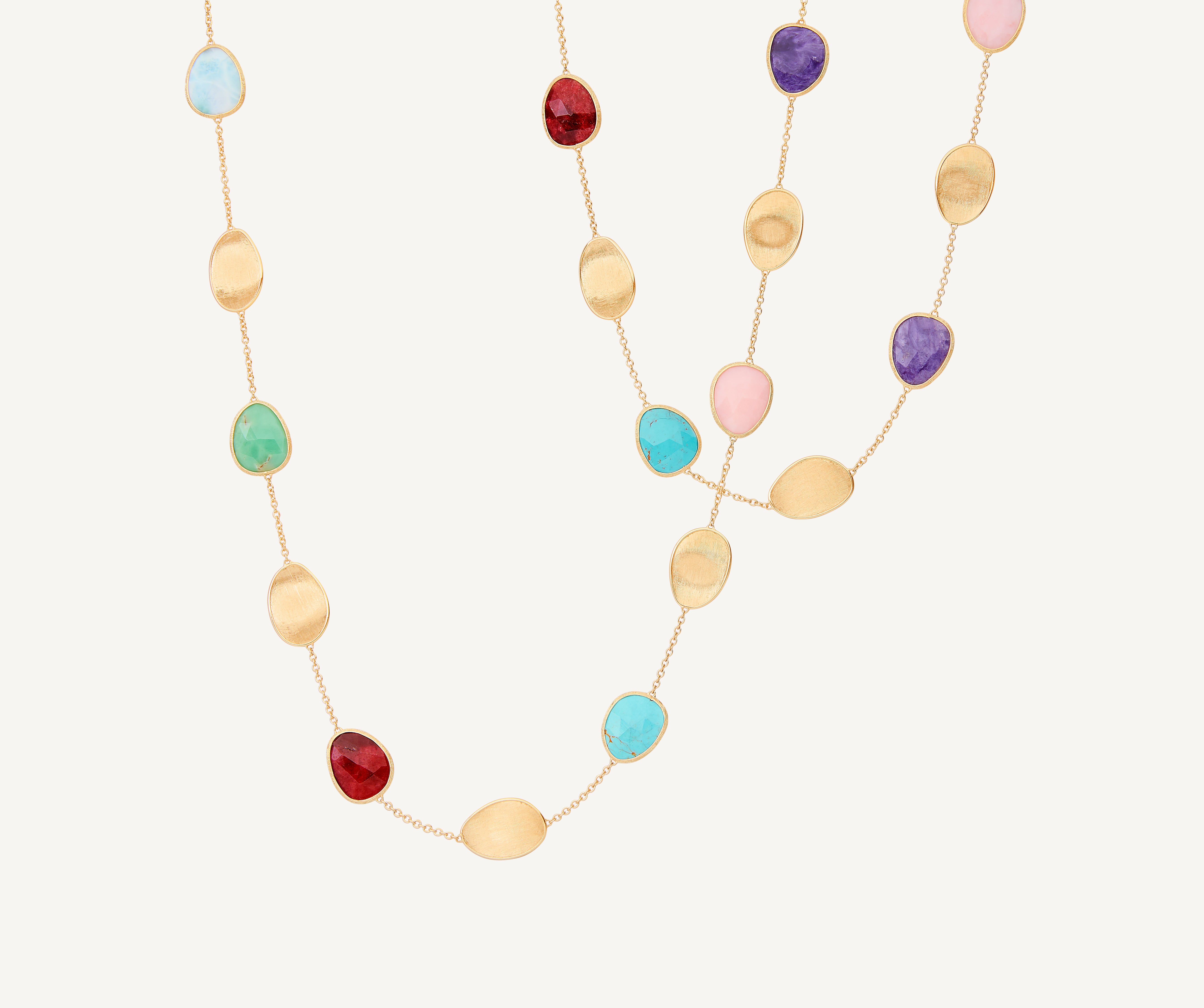 18K Yellow Gold Long Necklace with Mixed Gemstones