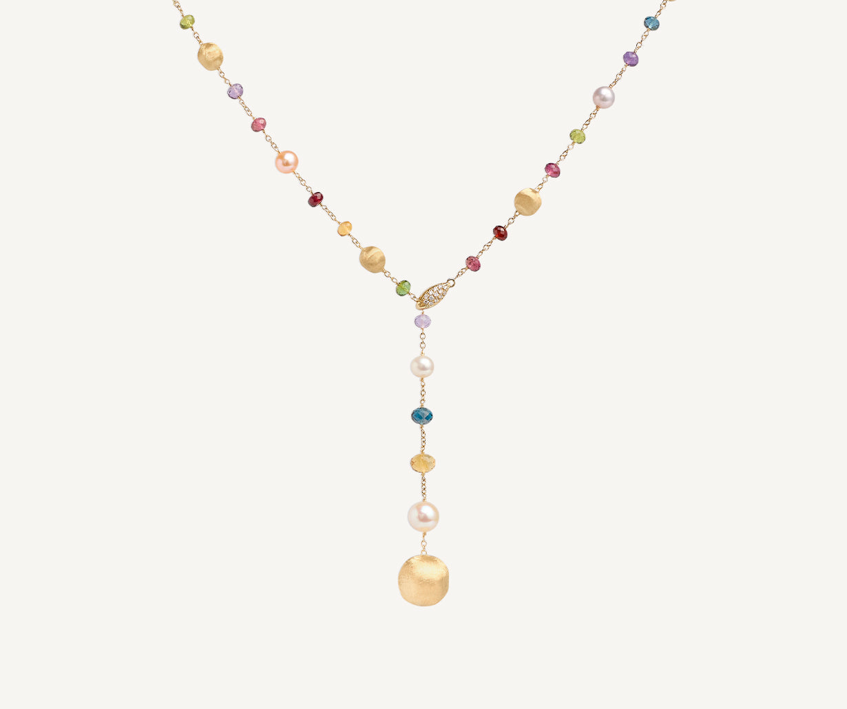 Mixed gemstone and pearls 18kt yellow gold lariat necklace