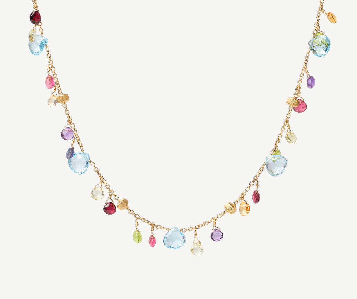 Gold chain necklace with multicoloured gemstones