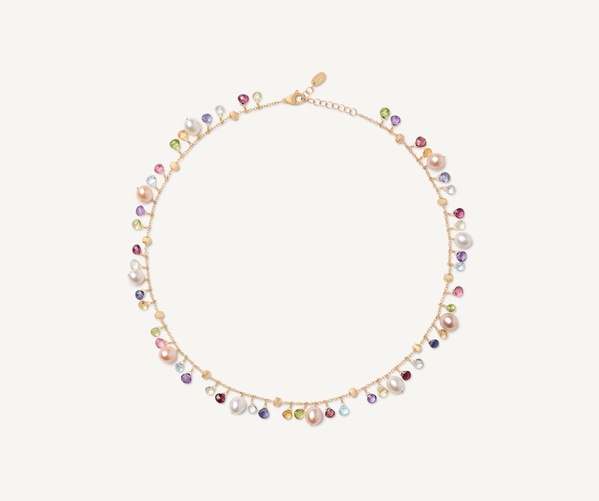Gold necklace with pearls and multicoloured gemstones