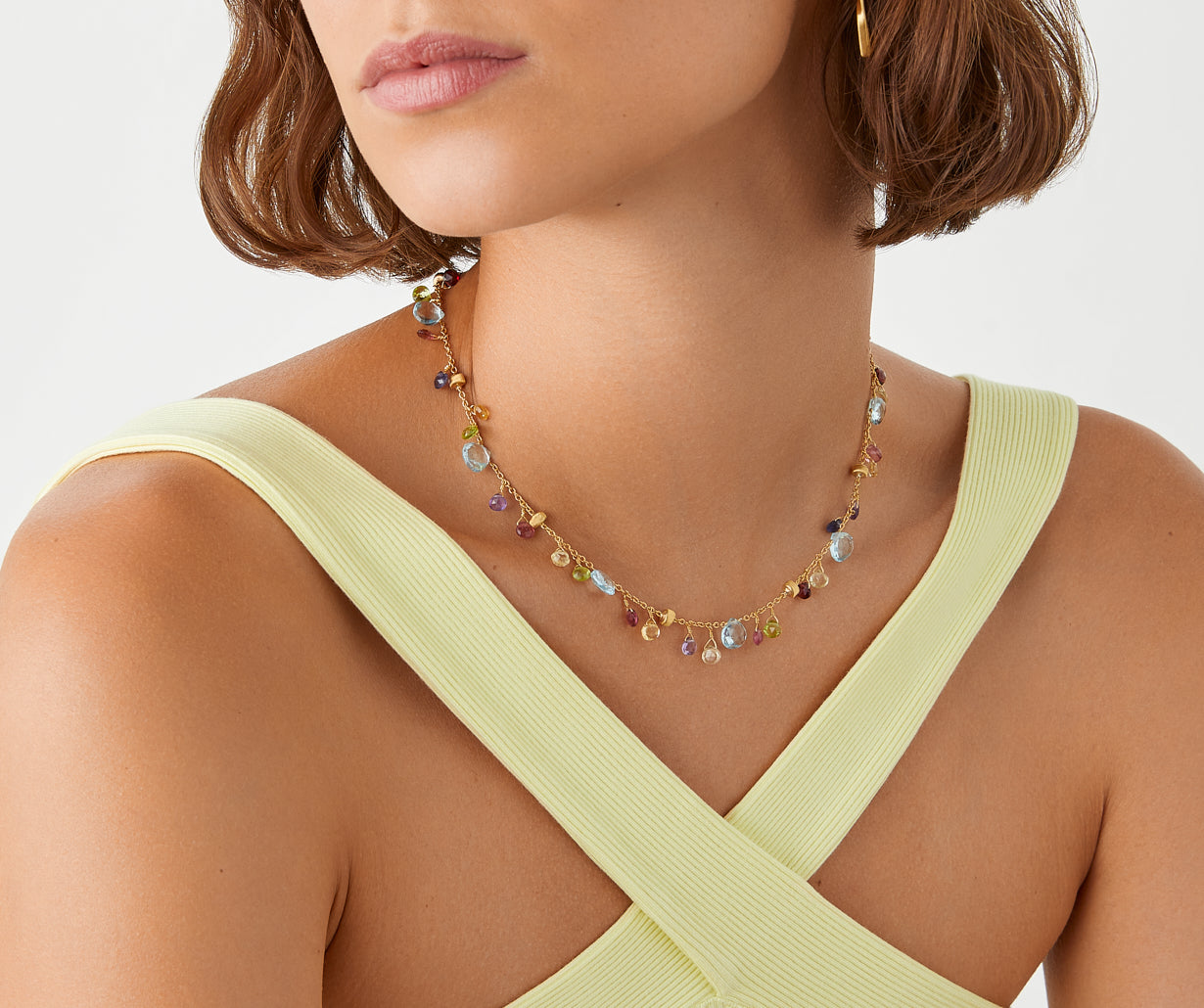 Gold chain necklace with multicoloured gemstones
