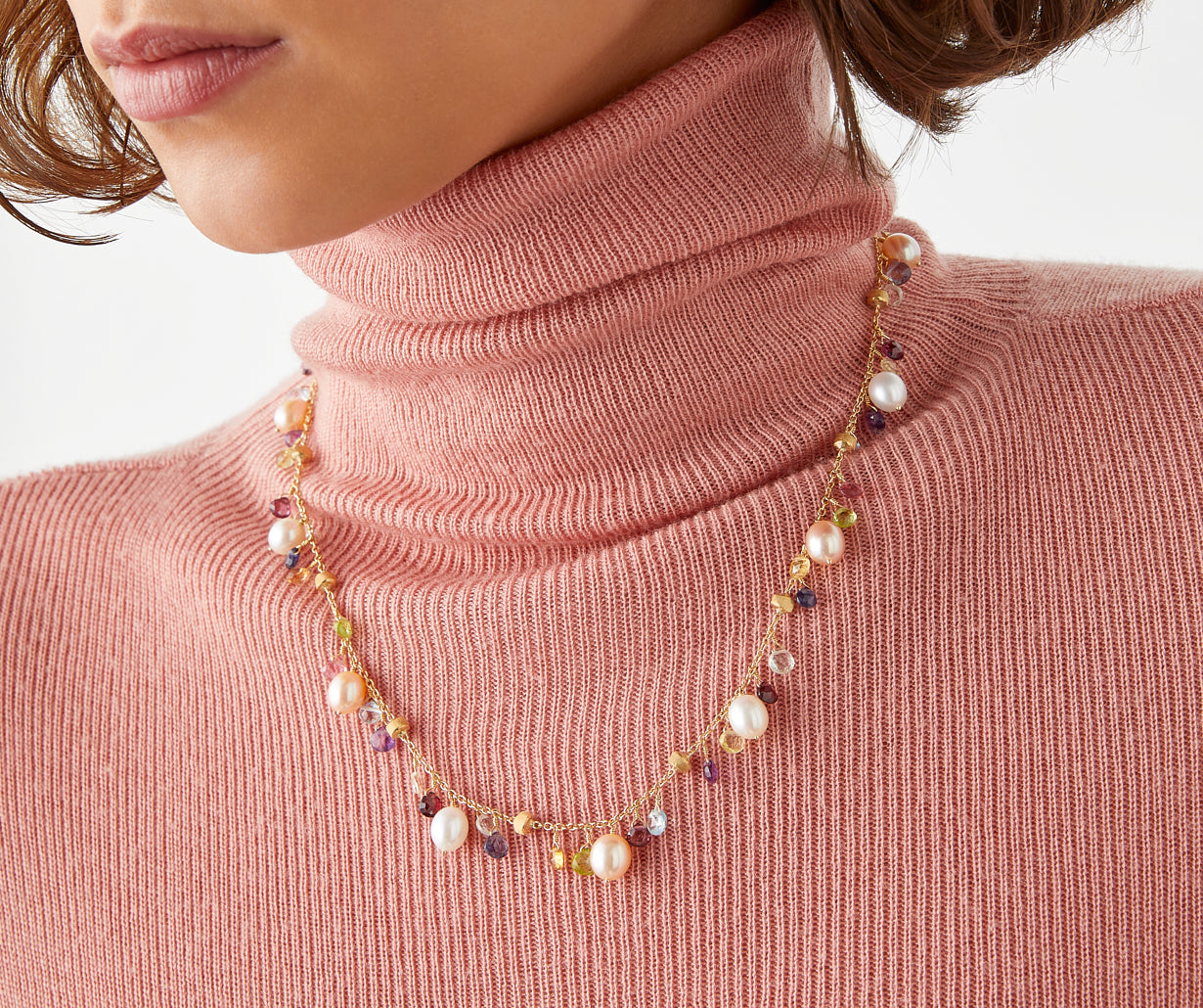 Gold necklace with pearls and multicoloured gemstones
