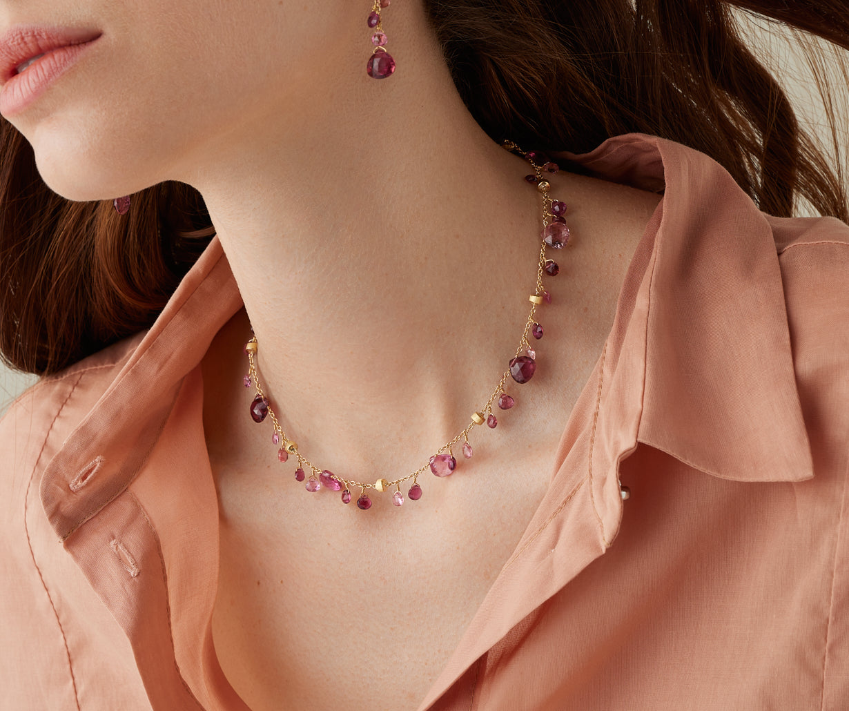 18K Yellow Gold Single-Strand Pink Tourmalines Necklace