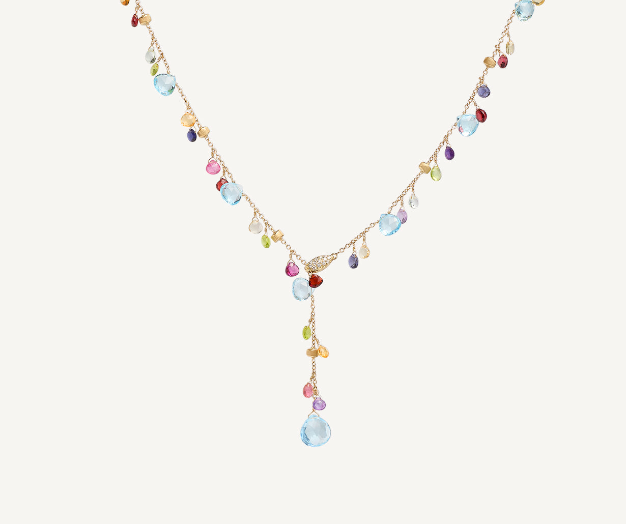 Multicoloured gemstones lariat necklace with diamond pavé clasp