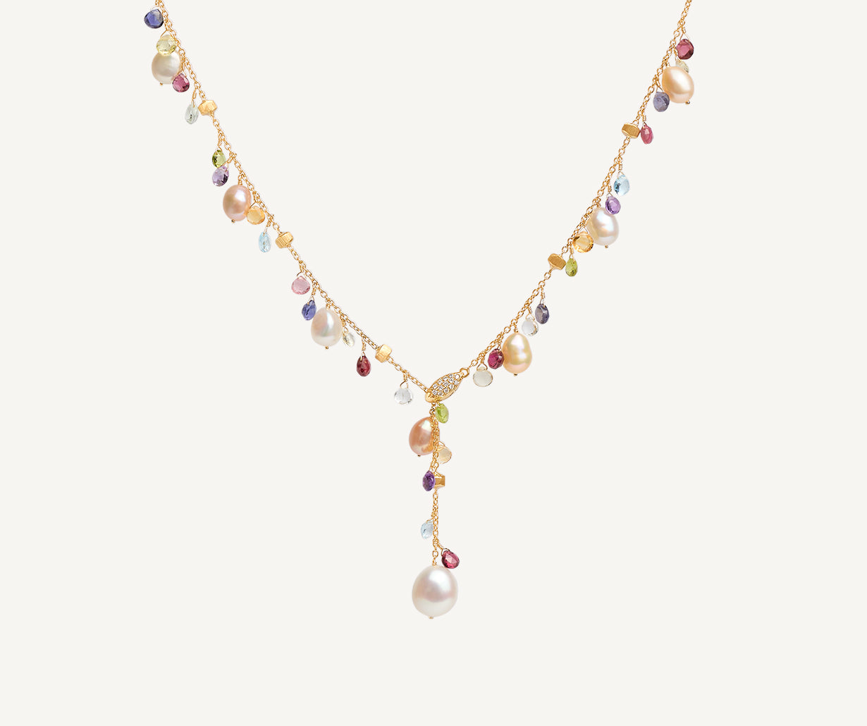 Pearls and mixed gemstone 18kt yellow gold lariat necklace