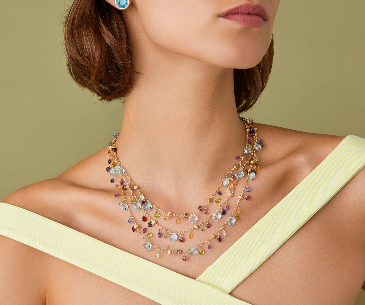 Three-strand chain necklace with multicoloured gemstones