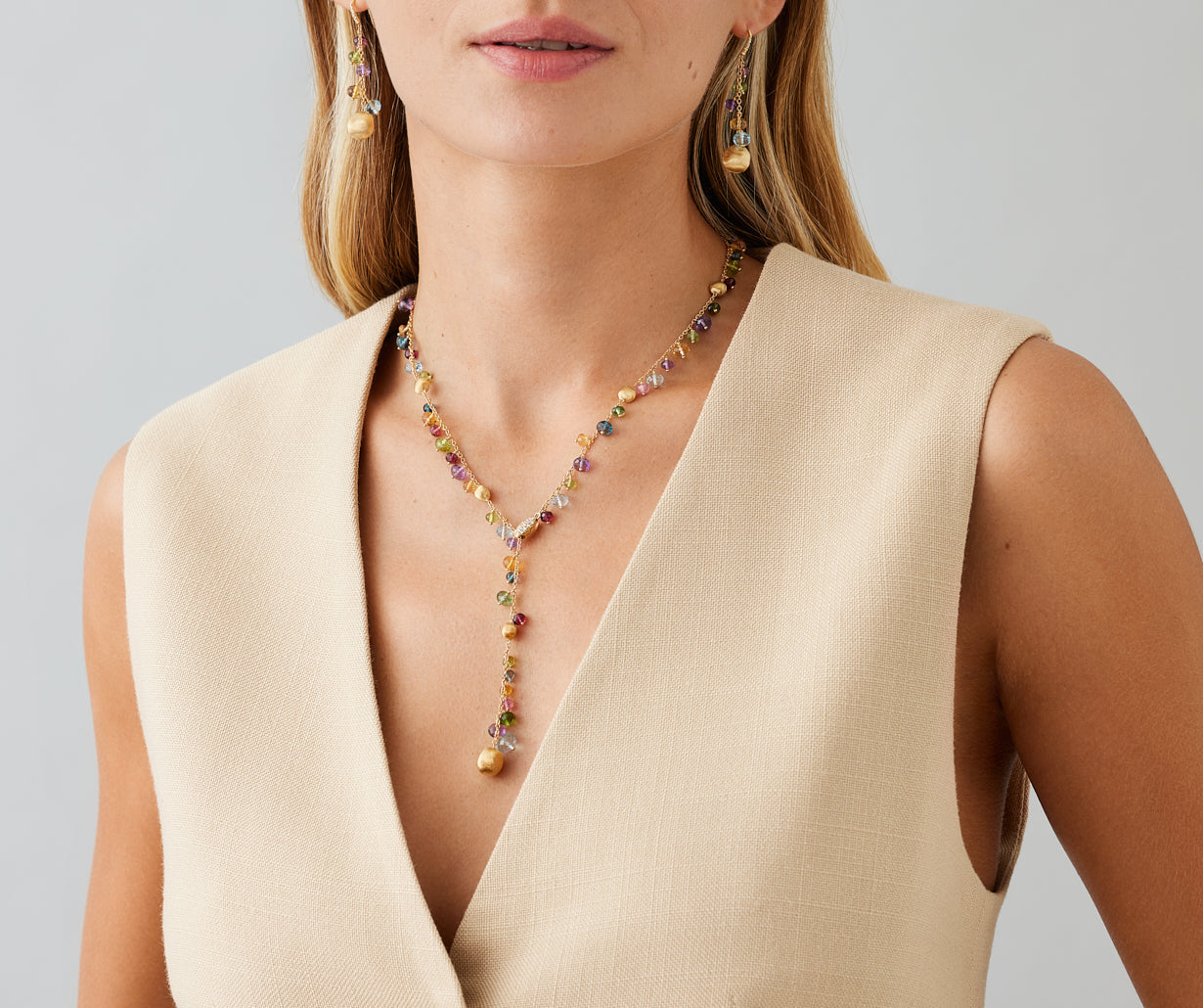 18kt yellow gold mixed gemstone lariat necklace with diamond pavé clasp