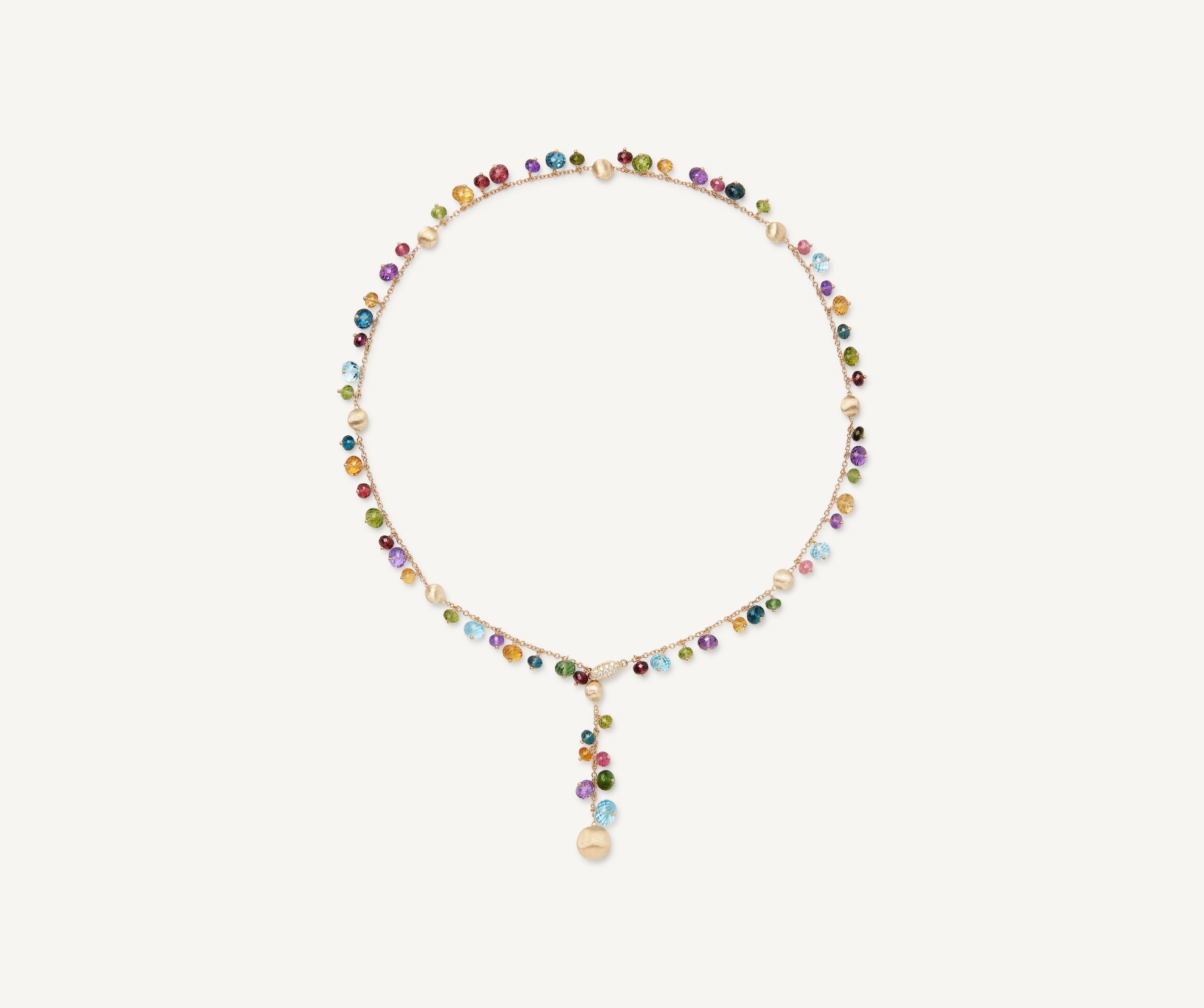 18kt yellow gold mixed gemstone lariat necklace with diamond pavé clasp