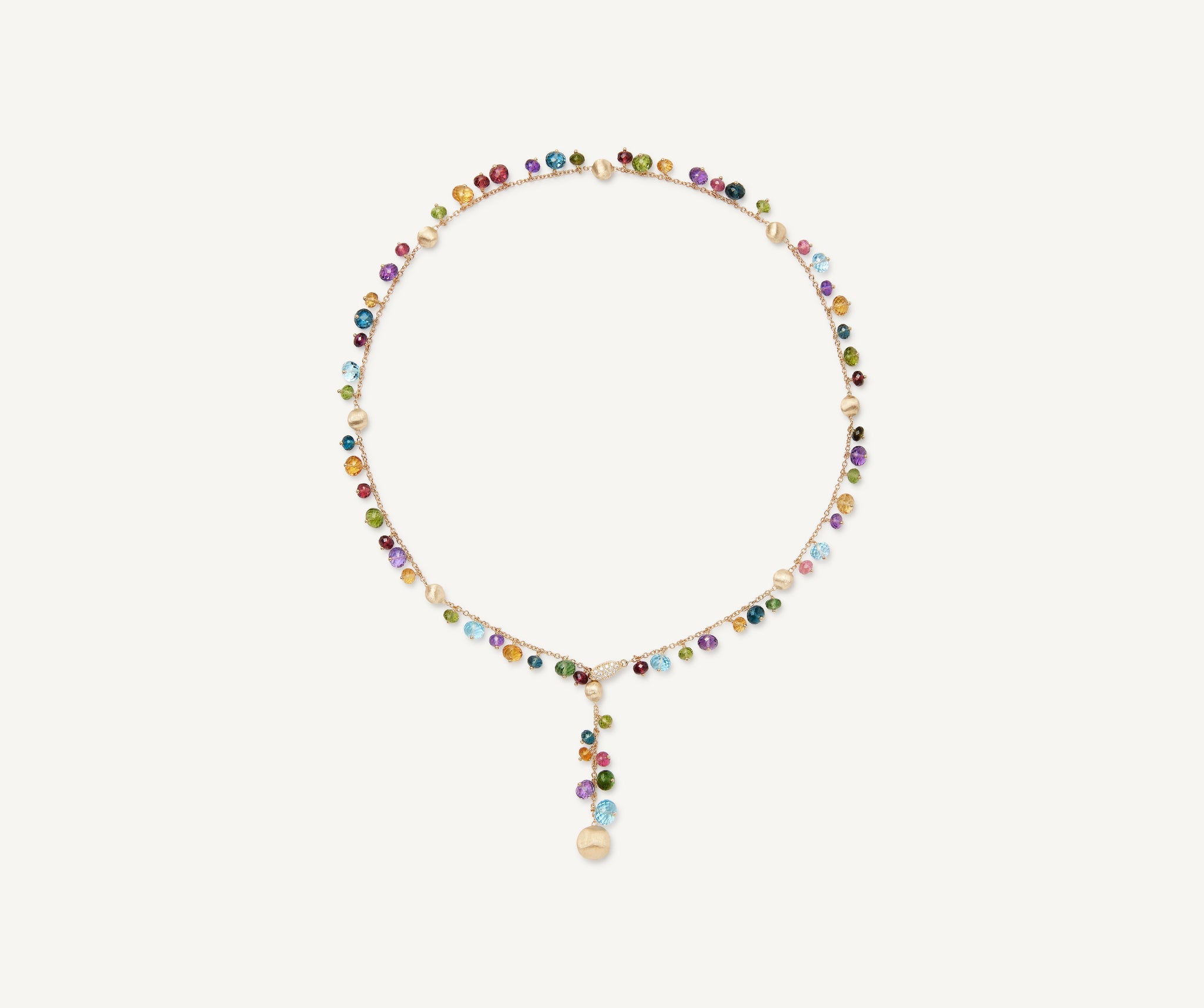 18kt yellow gold mixed gemstone lariat necklace with diamond pavé clasp