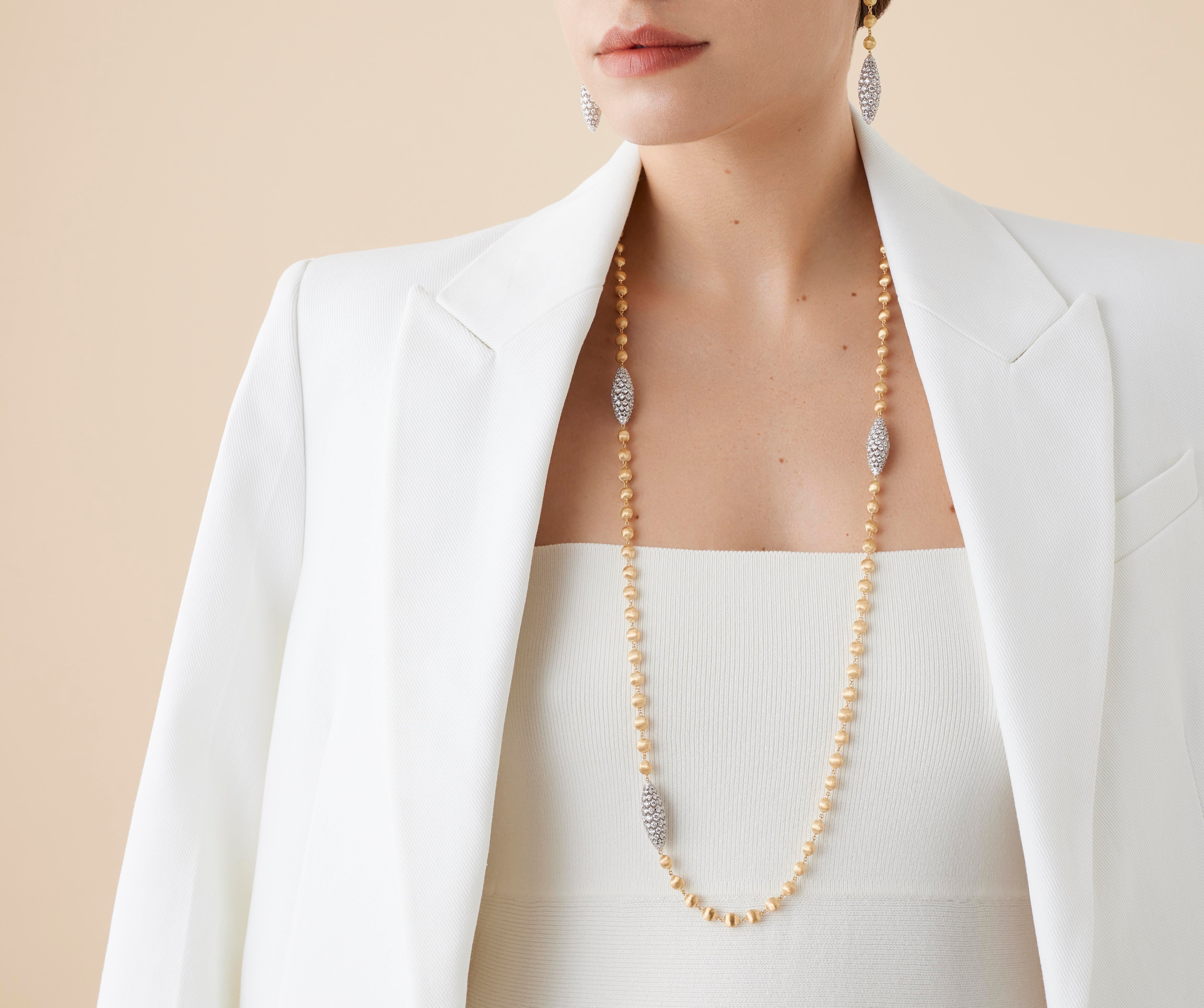 18K Yellow Gold Bead Long Necklace With Diamond Elements