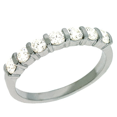 This Band is available in 14K White Gold. There are a total of 7 stones. There are Round with a total carat weight of 0.64 set in a  setting.