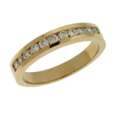 This Band is available in 14K Yellow Gold. There are a total of 11 stones. There are Round with a total carat weight of 0.33 set in a  setting.