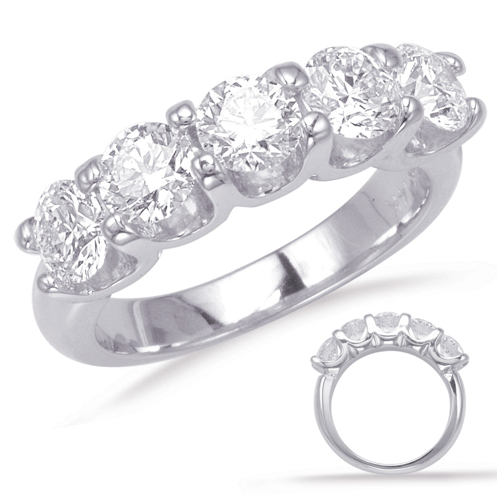 This Band is available in 14K White Gold. There are a total of 5 stones. There are Round with a total carat weight of 2.5 set in a  setting.