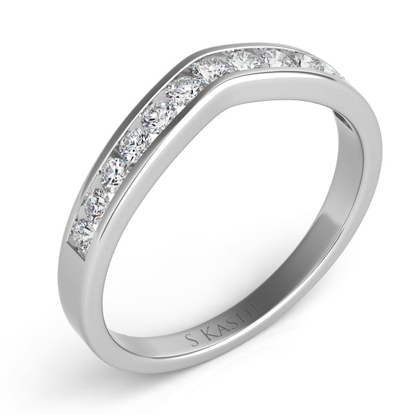 This Band is available in 14K White Gold. There are a total of 13 stones. There are Round with a total carat weight of 0.3 set in a Channel Set setting.