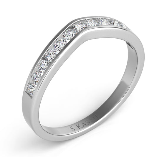 This Band is available in 14K White Gold. There are a total of 13 stones. There are Round with a total carat weight of 0.3 set in a Channel Set setting.