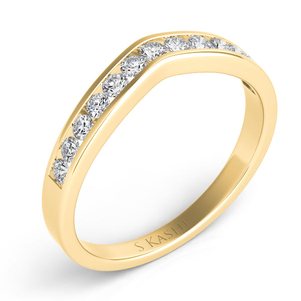 This Band is available in 14K Yellow Gold. There are a total of 13 stones. There are Round with a total carat weight of 0.3 set in a Channel Set setting.