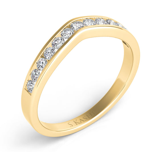 This Band is available in 14K Yellow Gold. There are a total of 13 stones. There are Round with a total carat weight of 0.3 set in a Channel Set setting.