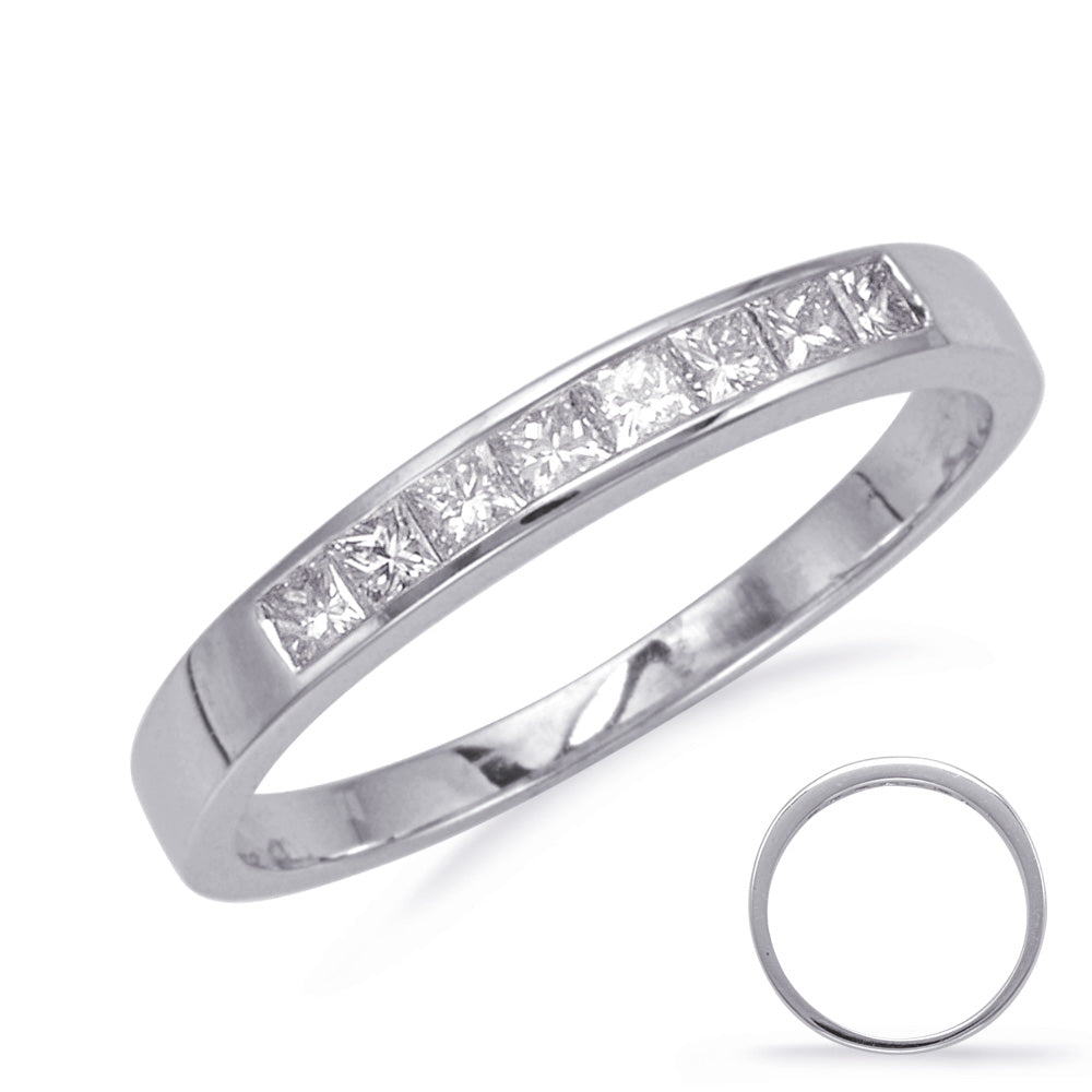 This Band is available in 14K White Gold. There are a total of 8 stones. There are Princess with a total carat weight of 0.35 set in a Channel Set setting.