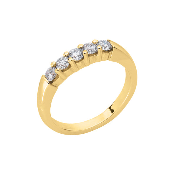 This Band is available in 14K Yellow Gold. There are a total of 5 stones. There are Round with a total carat weight of 0.56 set in a Prong Set setting.