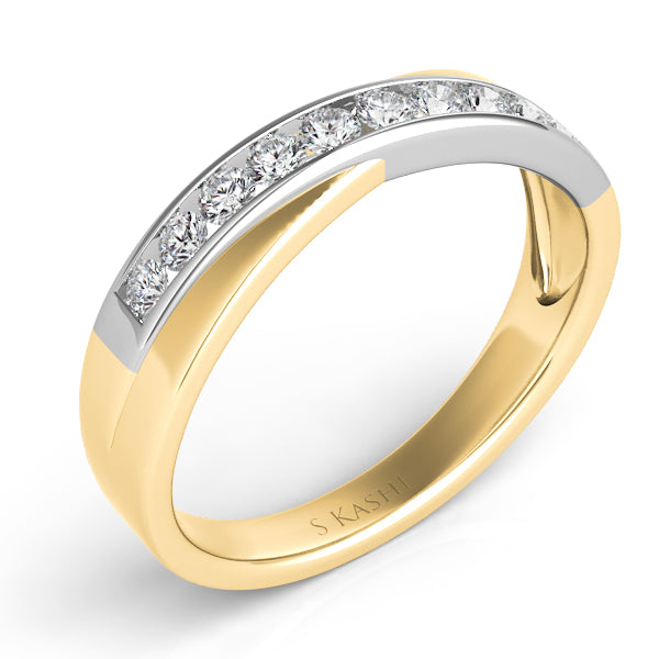 This Band is available in 14K Yellow & White Gold. There are a total of 10 stones. There are Round with a total carat weight of 0.31 set in a Channel Set setting.