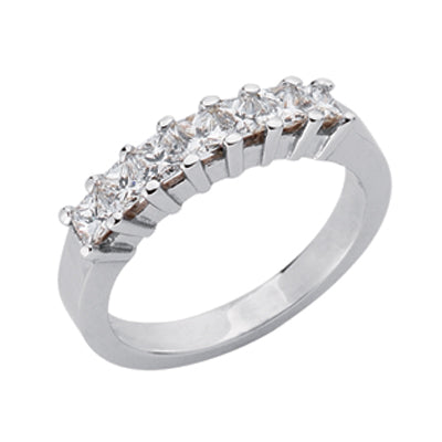 This Band is available in 14K White Gold. There are a total of 7 stones. There are Princess with a total carat weight of 1.05 set in a Prong Set setting.