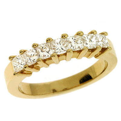 This Band is available in 14K Yellow Gold. There are a total of 7 stones. There are Princess with a total carat weight of 1.05 set in a Prong Set setting.