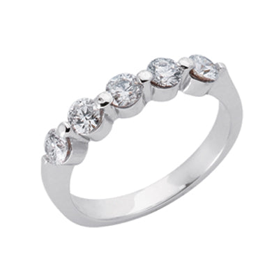 This Band is available in 14K White Gold. There are a total of 5 stones. There are Round with a total carat weight of 0.8 set in a  setting.
