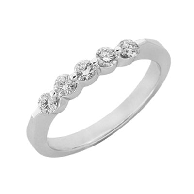 This Band is available in 14K White Gold. There are a total of 5 stones. There are Round with a total carat weight of 0.46 set in a  setting.