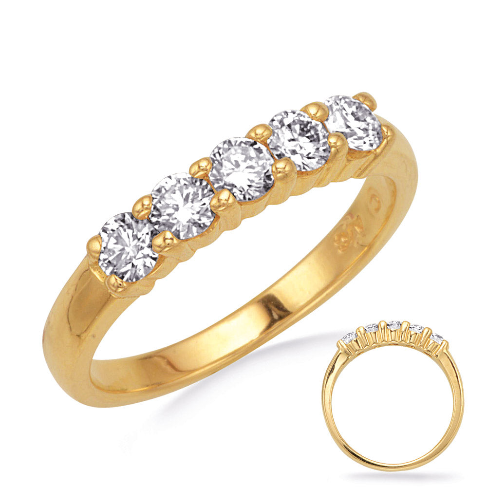 This Band is available in 14K Yellow Gold. There are a total of 5 stones. There are Round with a total carat weight of 0.68 set in a Prong Set setting.