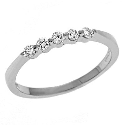 This Band is available in 14K White Gold. There are a total of 5 stones. There are Round with a total carat weight of 0.22 set in a Shared Prongs setting.
