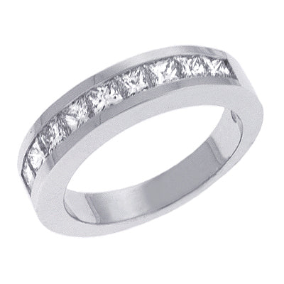 This Band is available in 14K White Gold. There are a total of 9 stones. There are Princess with a total carat weight of 1.05 set in a Channel Set setting.