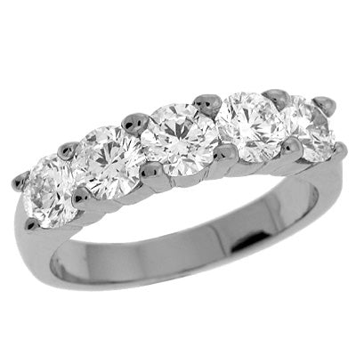 This Band is available in 14K White Gold. There are a total of 5 stones. There are Round with a total carat weight of 1.5 set in a  setting.