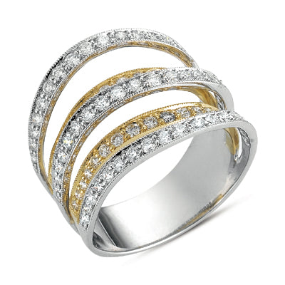 This Fashion Ring is available in 14K Yellow & White Gold. There are a total of 89 stones. There are Rounds with a total carat weight of 1.53 set in a Micro Pave setting.